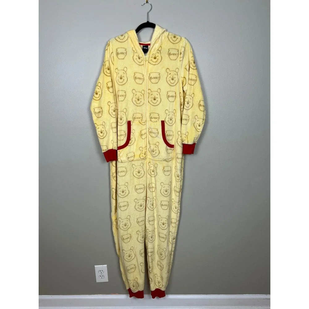 Disney Winnie the Pooh Plush Fleece Hooded One Piece Union Suit Yellow Large L - Picture 5 of 15